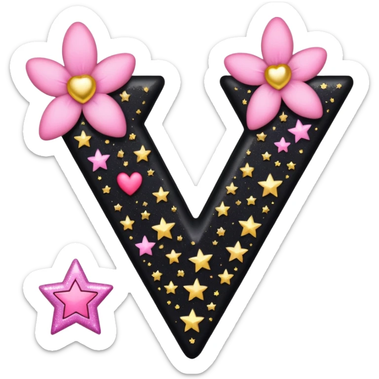The letter V in black font with a pink heart stars and flowers sticker