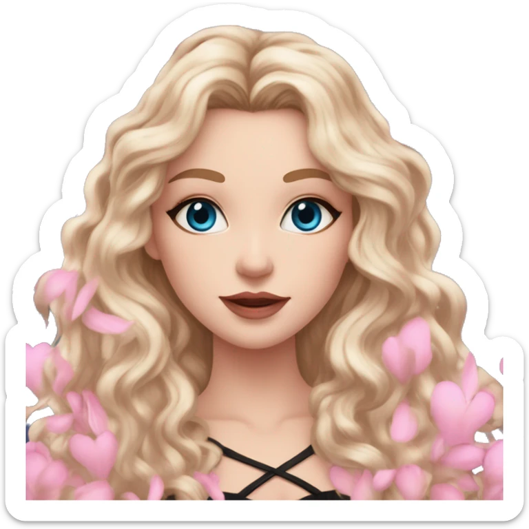 White girl 🧝🏻‍♀️, blue eyes, blond very long curly hair, pink lips, black arrows and brown eyeshadows, pink sexy dress. Background long. Magnolia levitate everywhere. sticker