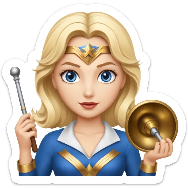 Blonde blue eyes Wonder Woman holding bell and short white orchestra conductor’s baton  sticker