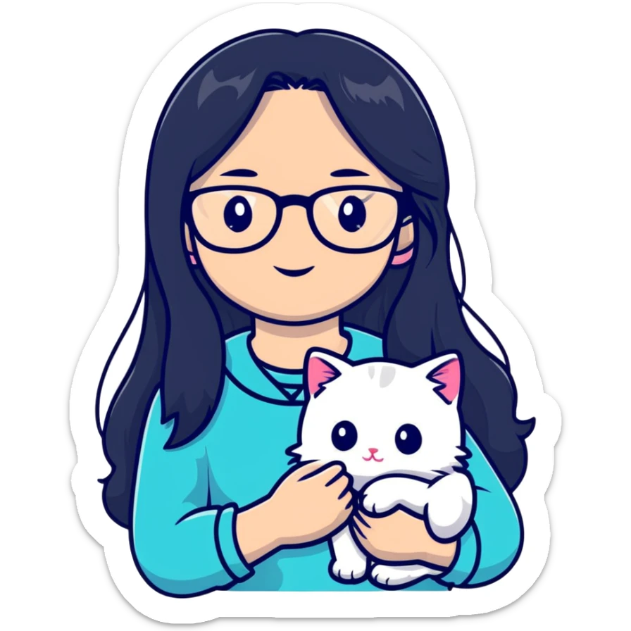 Beautiful girl with long black hair and glasses holding a white kitten sticker