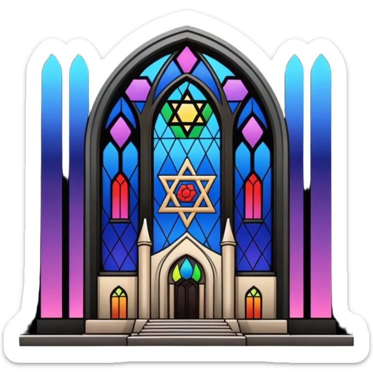 jewish synagogue temple in dark goth aesthetic style with lgbt flag color rose glass windows sticker