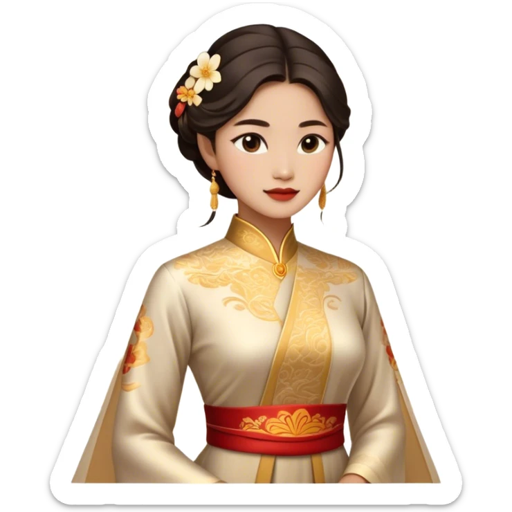 Cinematic Realistic Áo Dài Portrait Emoji, depicted as an elegant traditional Vietnamese dress with flowing graceful lines and delicate patterns, rendered with rich textures and soft ethereal lighting that captures its timeless beauty. sticker