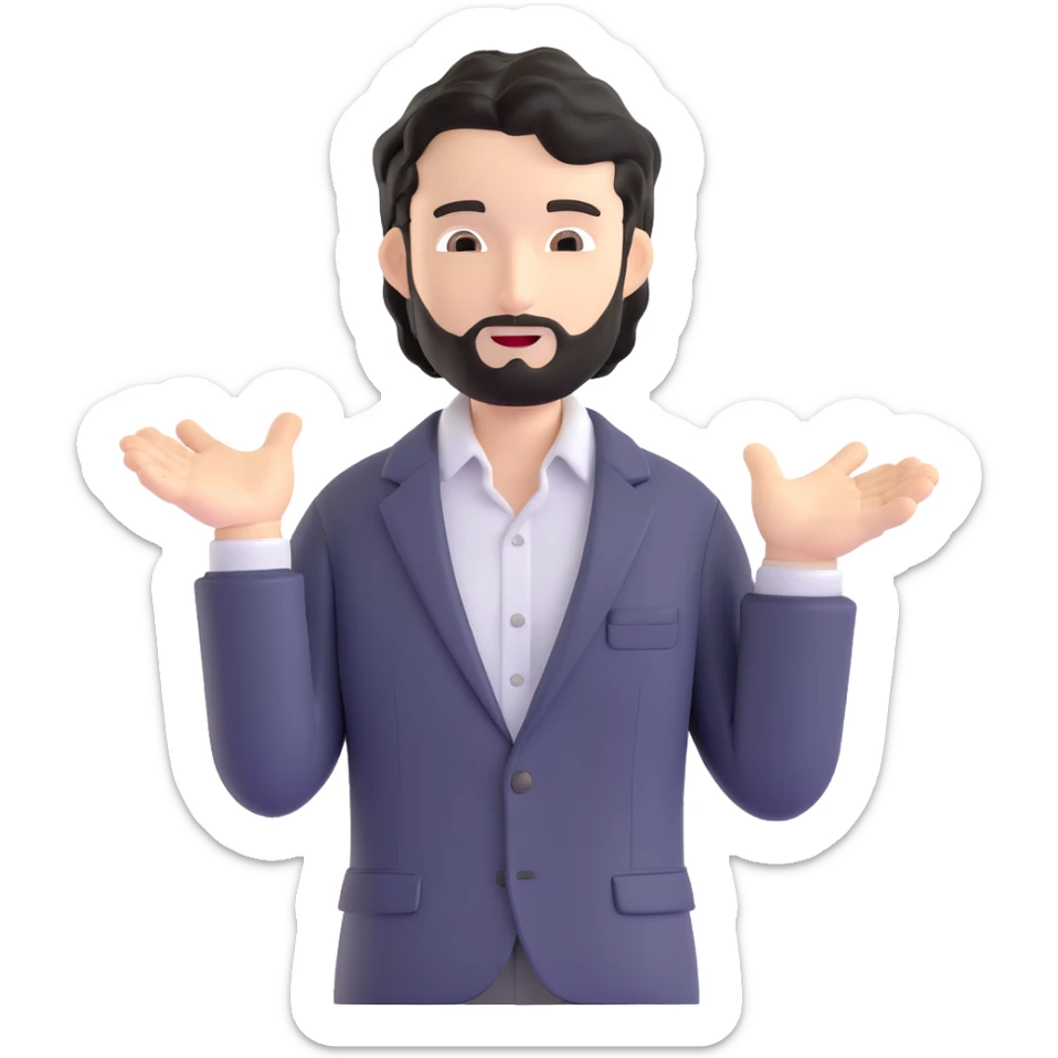 Professional portrait of a business strategist with black wavy hair, stubble, chiseled face, wearing blazer and button-up shirt, confident engaging expression, speaking pose, suitable for keynote speaker profile sticker