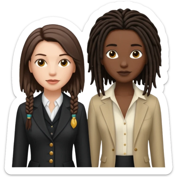 white woman brunette with short hair feminine clothes. And black woman with long dread locks with more masculine clothes sticker