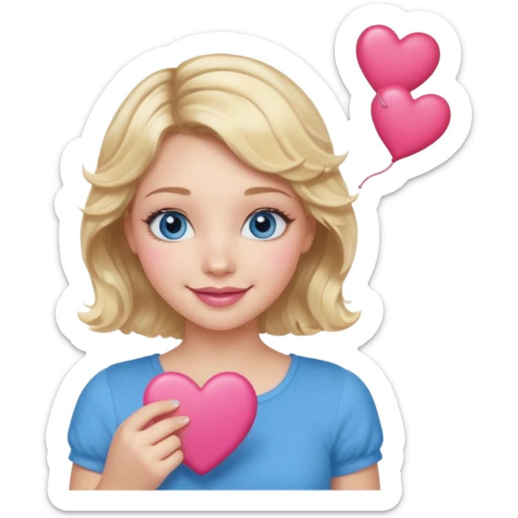 Girl Blonde short wavy hair,  blue eyes, cute blue top, long lashes, pink lips, smiling, holding hearts sticker