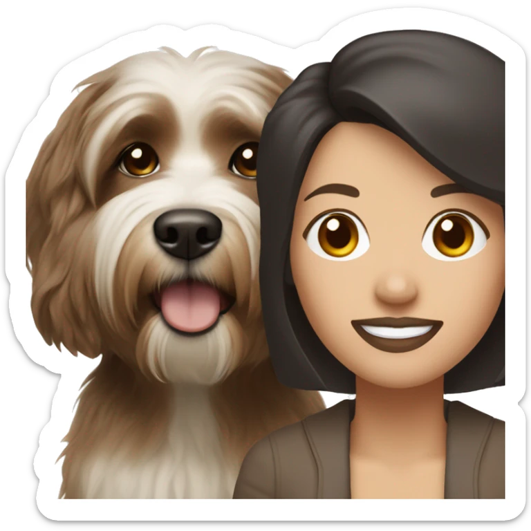 tan skinned middle aged woman with brown hair, with black and white havanese dog sticker
