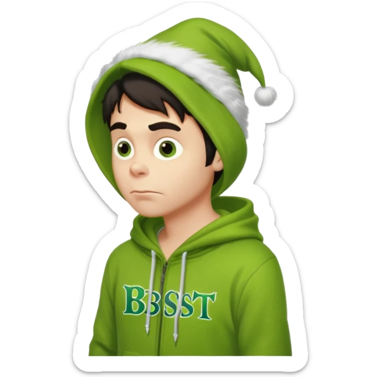 Create an avatar of white European with dark hair  male in hoodie with ``BST`` letters on it. Make background to look like from movie Grinch. make him look from right to left sticker