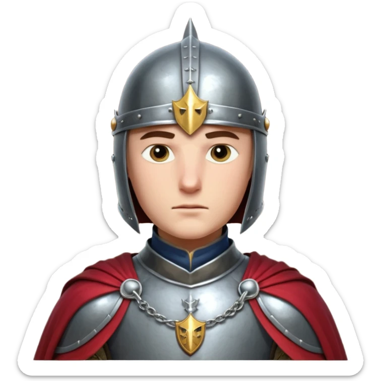 medieval knight horse rider portrait, head and shoulders only, polished steel armor collar, royal cape clasp, helmet partially visible, intense heroic eyes, fantasy medieval vibe, dramatic lighting, 3D cartoon, mobile game icon style, clean background, no text, no watermark
 sticker