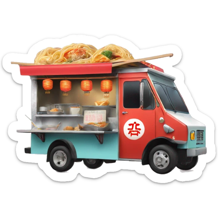 A food truck selling ramen is decorated with Japanese signs and lanterns sticker