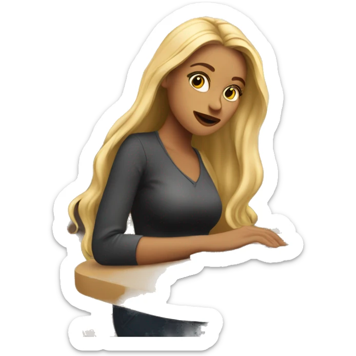 woman with long blonde hair sitting in cafe with laptop sticker