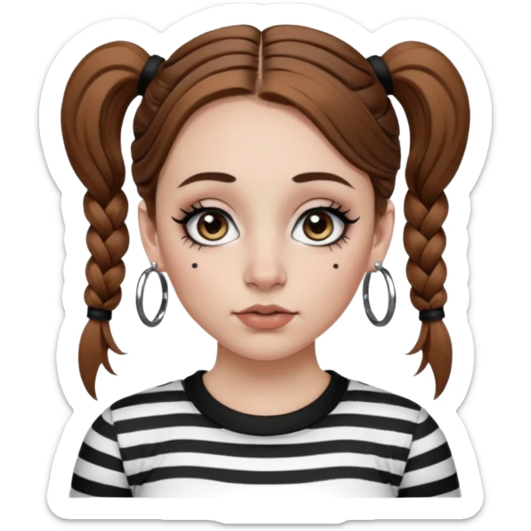 a white girl with brown hair in very low pigtails black eyeliner big false eyelashes with a septum piercing nose piercing big hoop earings dermals close to the eyes one on each side wearing a black and white striped long sleeve shirt sticker