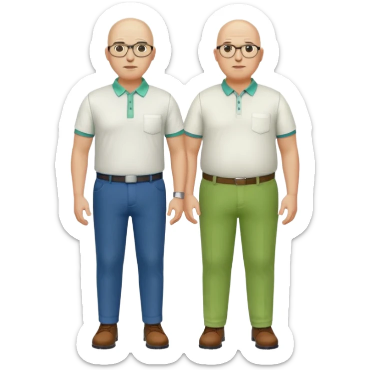 two guys, the first guy is white bald have glases a white dressshirt with rolled up sleeves and green pants he is over weight, The second guy has a yellow skin white golf shirt blue jeans and bald they should stand next to eachother sticker