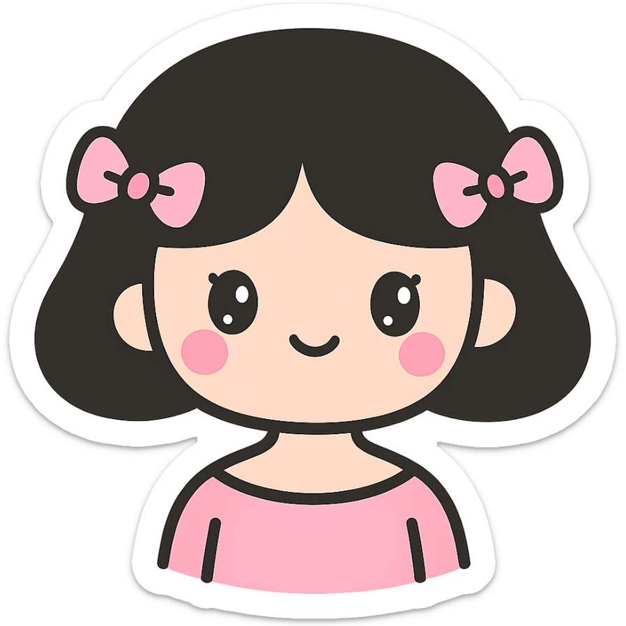 girl with black chanel haircut, pink bows, coquette look, sweet expression sticker