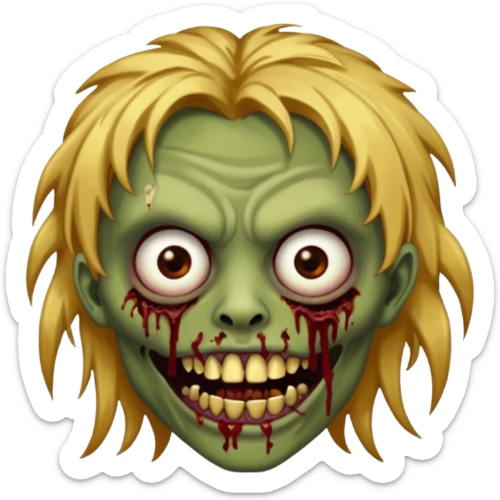 Brown-skinned zombie with messy gold hair, wide centered brown eyes, dark bloody marks under the eyes, and a slightly open mouth showing crooked teeth grillz, giving a distressed, undead look. sticker