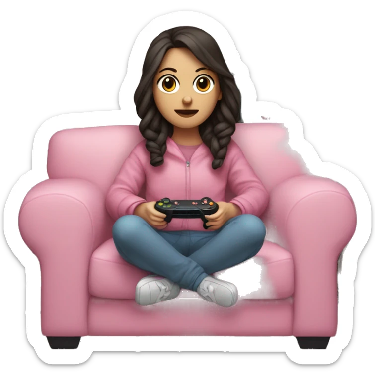 White girl with dark hair wrapped up in a blanket sitting on a couch with a pink gaming controller in her hands sticker