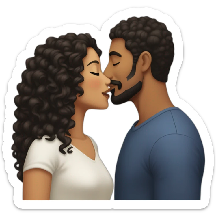 Brown man with a smooth black hair cut fade and a black beard kissing a White woman with long brown curly hair sticker