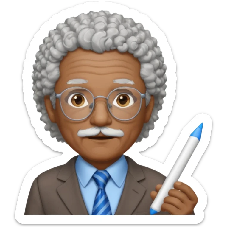 old man teacher, brown skin, curly grey white hai, wearing glasses, brown suit, blue tie hold chalk on hand sticker