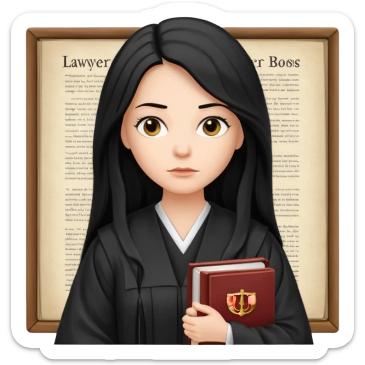 white-women-with-long-black -hair-lawyer-in-lawyer’s-robe. Have law book in hand.  sticker