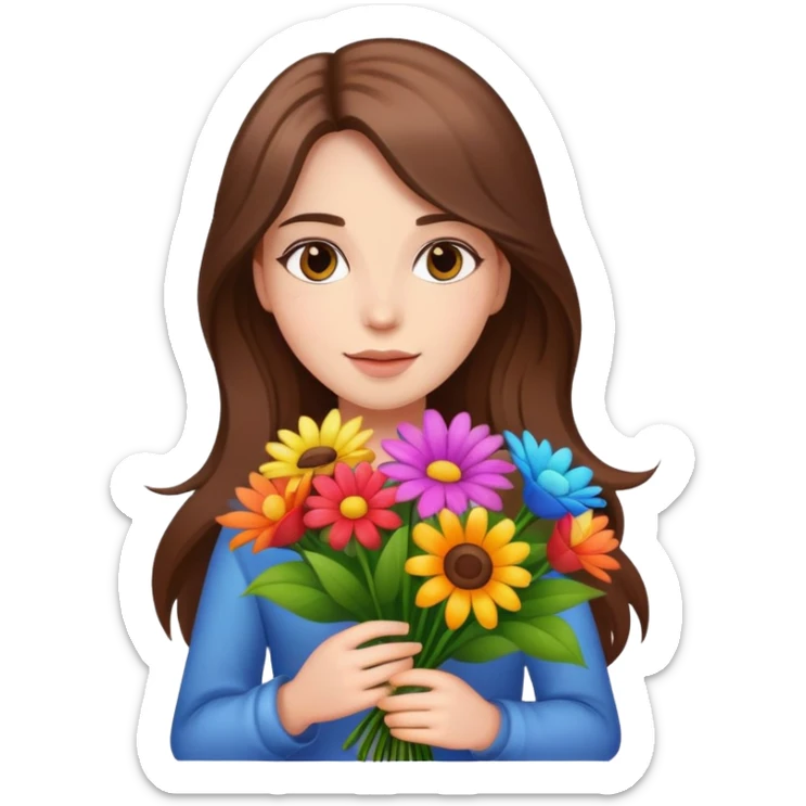 Cool girl with long brown hair holding a bouquet of flowers sticker