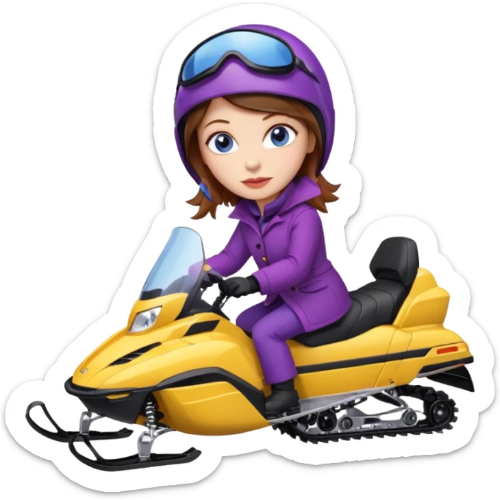 Woman, Brown hair, very blue eyes, wearing a Very red coat  on purple and yellow striped snowmobile sticker