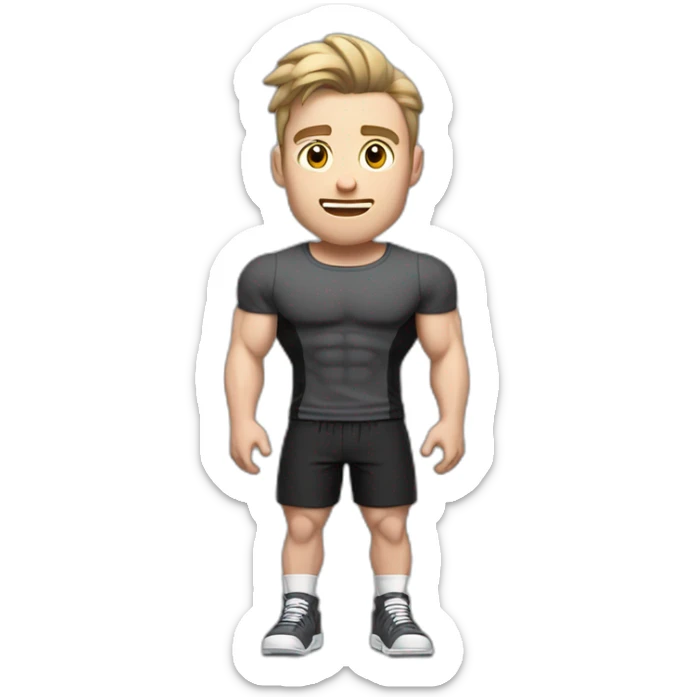 Surprised Pale skinned Fit Man With the biceps and dark brown hair in black shirt, gray sports shorts and white Sneakers sticker