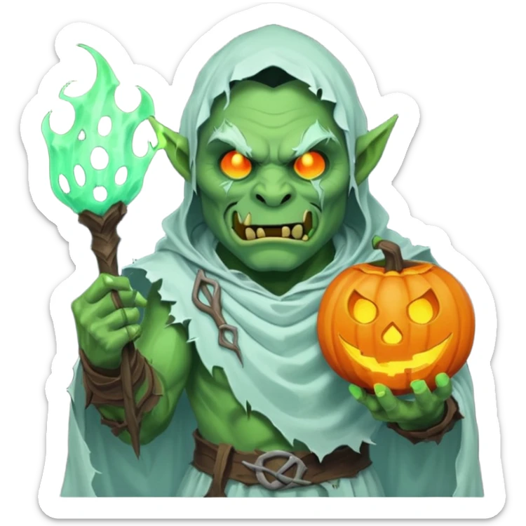 male orc warrior ghost emoji, green skin, tusks, wearing torn white ghost sheet costume, holding glowing jack-o'-lantern, faint blue aura, friendly but spooky expression, Halloween fantasy theme, Apple emoji style, clean white background, square sticker