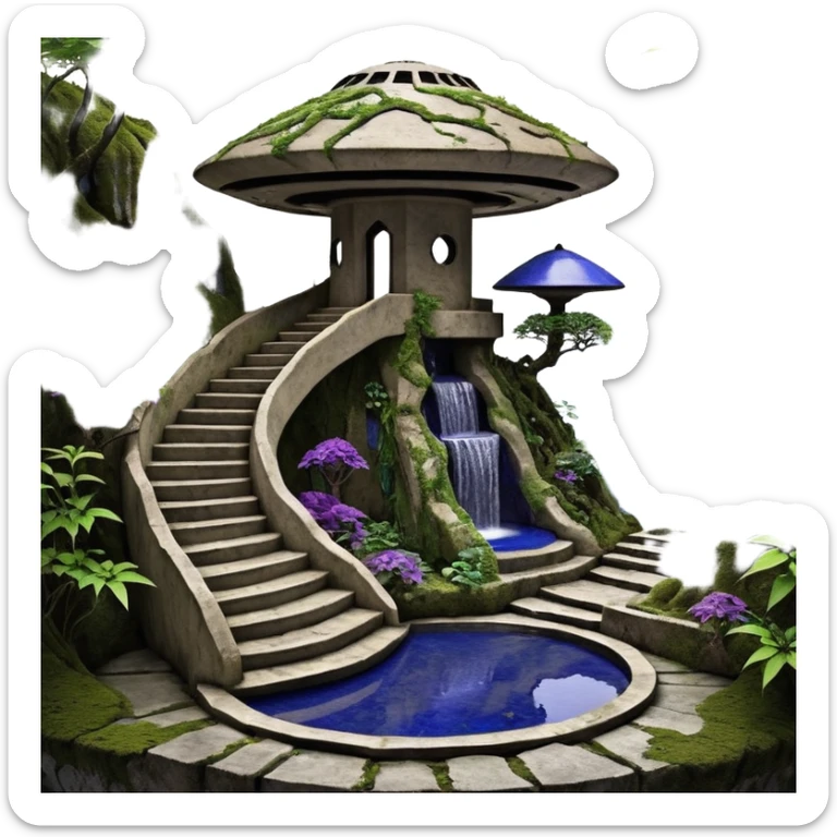 Alien saucer house jungle-vines precarious narrow stairway fountain mountain-island landscape antique mudman very old broken cracked intricate Stone Age lapis-crusted irregular dodecagon-shaped shallow dark moss rough bark violet serissa flowered maple tree bonsai pot sticker