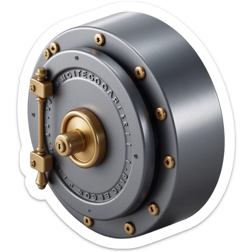 a bank vault door with a combination lock, skeuomorphism style, metallic shine, realistic shadows, embossed details sticker