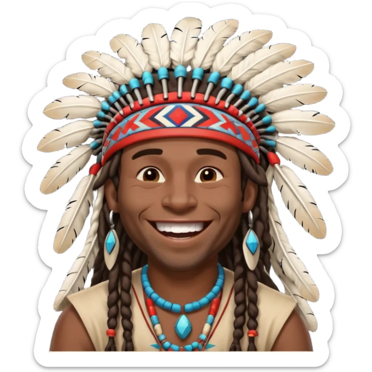 Black American man dark brown with dreads with a American Indian headdress with a laughing hard sticker