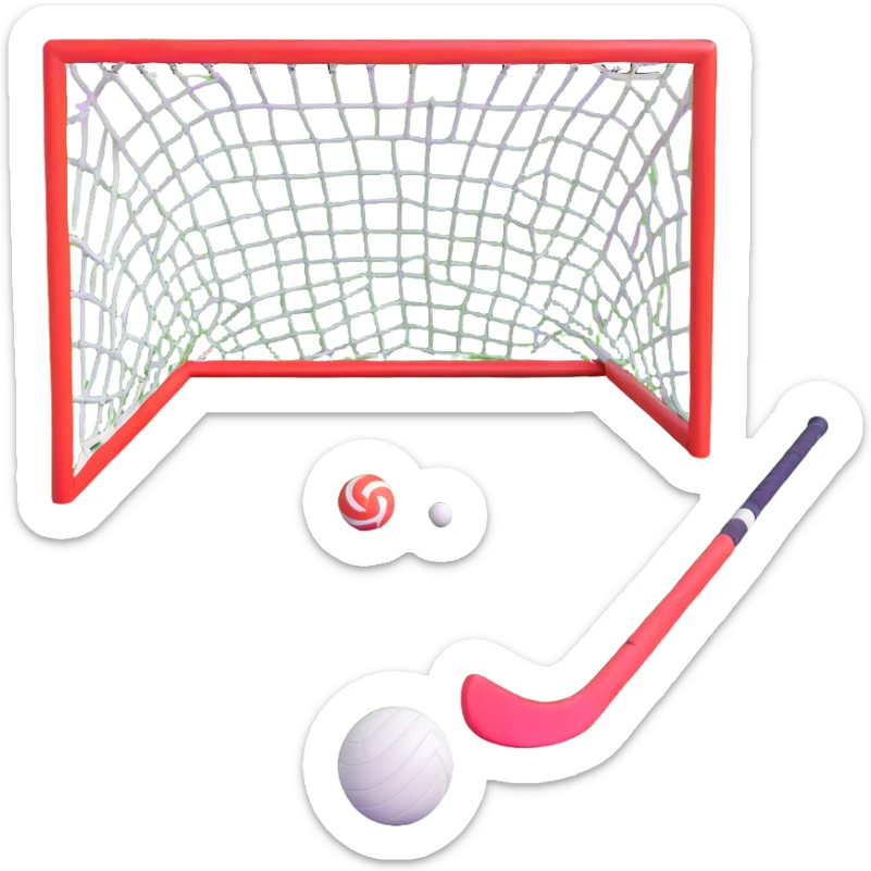field hockey stick and ball on vibrant green grass field with goalposts sticker