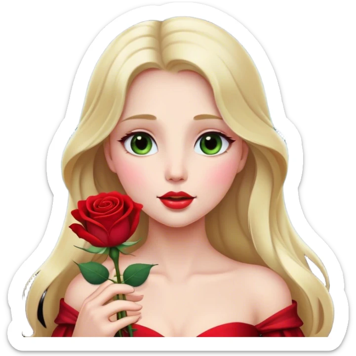Cinematic Elegant Aurora Portrait Emoji, Delicately holding a single red rose, gazing with soft wonder, lips gently parted as if about to sing, the picture of grace and elegance, glowing with royal charm! sticker