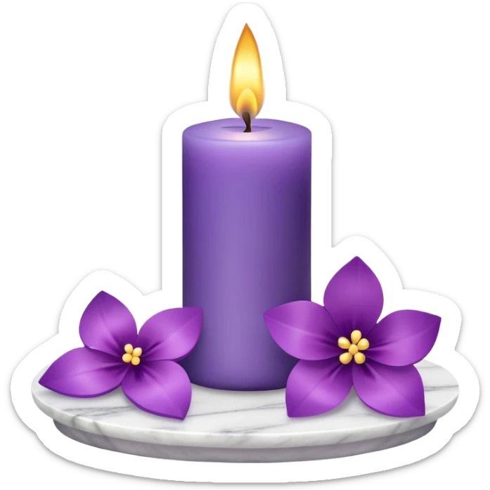 Purple candle on a white marble-candle-holder-stand, with flowers next to, and flower petals, and bow tie sticker