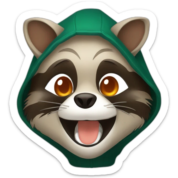 brown raccoon with orange eyes and a dark green hood that is laughing sticker