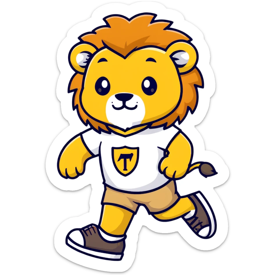 retro 1930s anthropomorphised lion in a t-shirt and shorts walking, black and white sticker