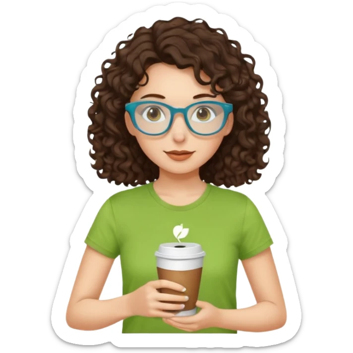 White girl with dark brown curly hair, brown eyes, sky blue glasses, apple green t shirt, drinking coffee sticker