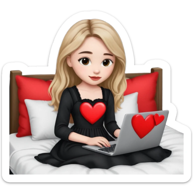 Sabrina carpenter in a black nightdress sitting on a bed with her laptop open and there is a heart on her laptop  sticker