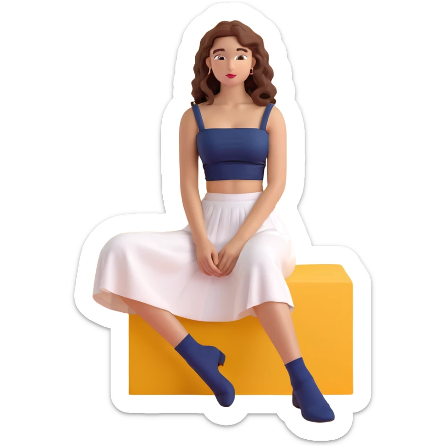 tan girl with wavy hair, white long skirt, navy blue ruched square neck crop top, sitting sticker