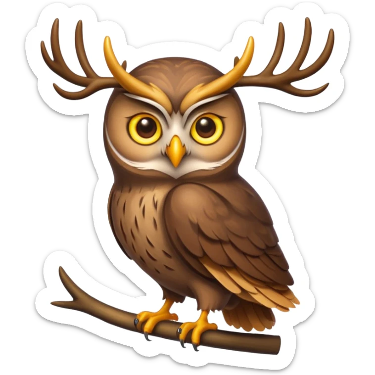 Emoji chouette  brun clair, yeux jaunes brillants, bec recourbé, sagesse et puissance, perchée sur un cerf sticker