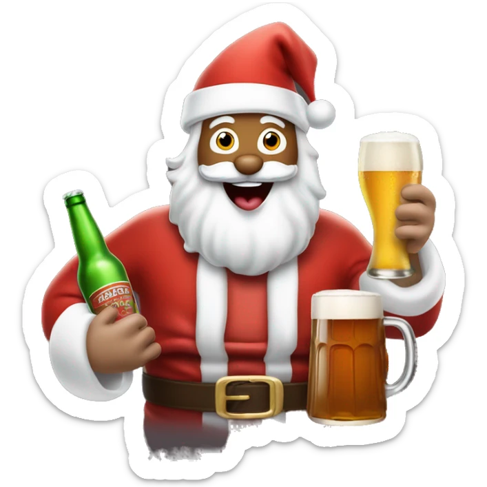 Excited white Santa's face sticking out tongue and rudolph holding beers with sled sticker