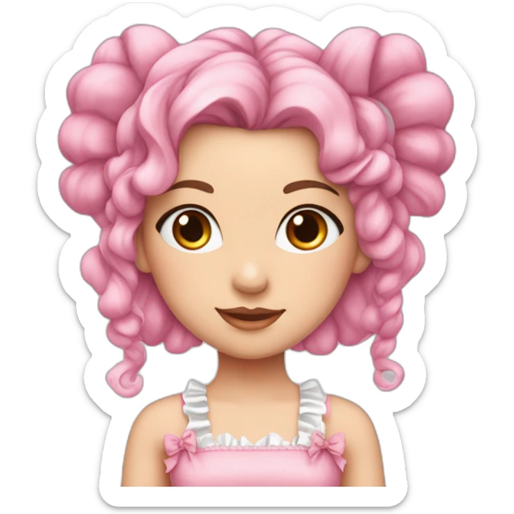 white girl in pink frilly dress with ruffles and bow, pink hair, long pigtails sticker