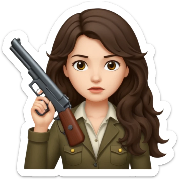 A brunette with long wavy hair girl who is about to kill herself with a littlr gun pointed at her temple sticker