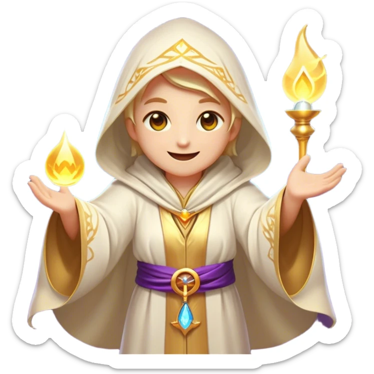 Clash of Clans aesthetic Cheerful Mage Portrait Emoji, With a bright, joyful expression and an aura of radiant magic, showcasing a stylish, robed figure with flowing garments and sparkling eyes in natural skin tone that convey boundless curiosity, Simplified yet expressive features, highly detailed, glowing with a soft, luminous mystical light, high shine, upbeat and wise, stylized with an air of fantastical wizardry, soft glowing outline, capturing the essence of a cheerful mage ready to cast spells of wonder on legendary quests! sticker