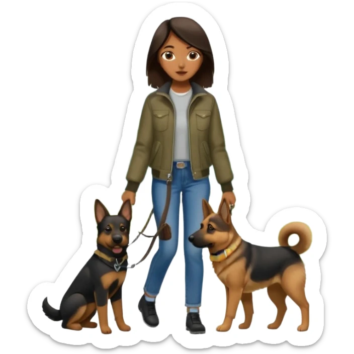 a girl with a brown dark hair, she's walking her dog is a german shepard sticker