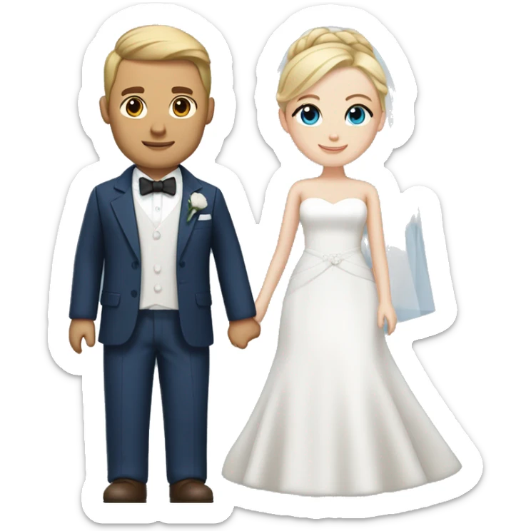 Wedding couple, groom white skin with brown hair and brown eyes, bride with white skin blonde hair up and blue eyes and veil and dark blue suit sticker