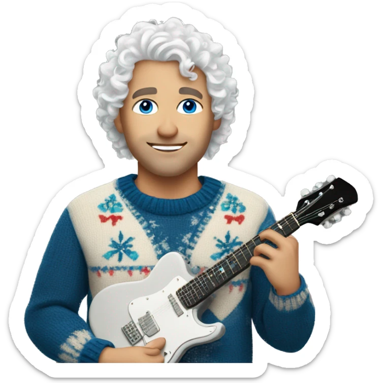 a man with blue eyes, white curly hair and a New Year's sweater holding a guitar sticker