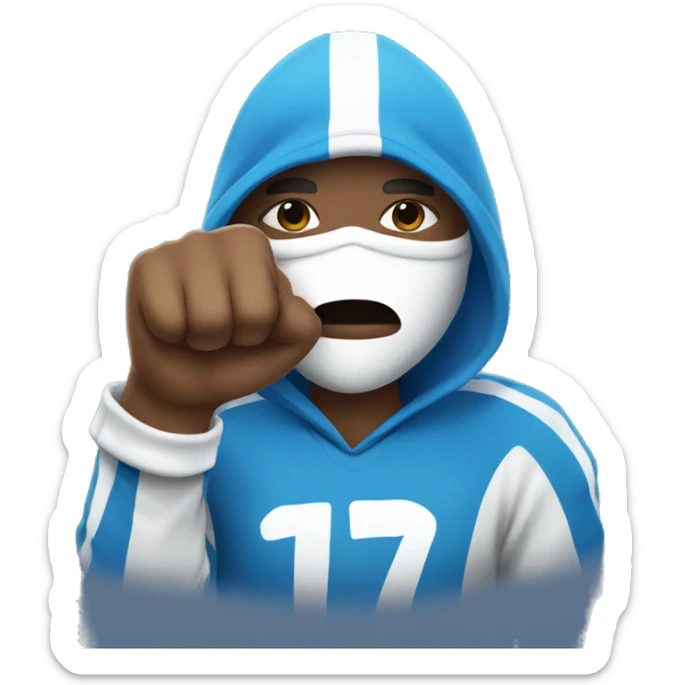 A Football fan with a blue and white hoodie and mask Holding his fist up  sticker