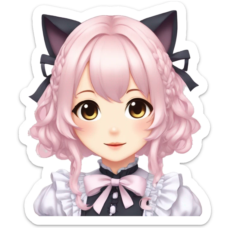Gorgeous anime style catgirl with blushing face with maid outfit laces gothic Lolita idol model kawaiicore pastelcore cottagecore pearly petite simplistic aesthetic trending style sticker
