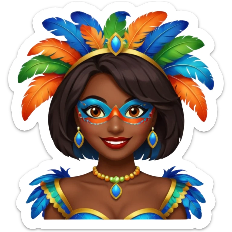 i need the same girl in "dark skin girl, dark red lipstick, nails very beautiful" to be smiling in "carnival mas costume, blue, green and orange preferably, full costume feathers at the back" she is to be smiling, hair should be dark and in a bob  sticker