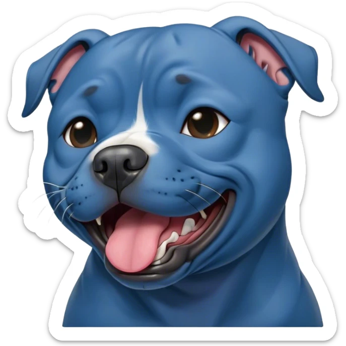 Cinematic Cute Yawning Blue Staffordshire Bull Terrier Portrait Emoji, Head tilted slightly with a dramatic, wide-open yawn, showcasing a smooth blue Fur with a refined texture, floppy ears slightly drooping, round dark eyes barely open in drowsy contentment, Simplified yet irresistibly adorable features, highly detailed, glowing with a soft, cozy glow, high shine, relaxed yet expressive, stylized with a touch of whimsy, bright and endearing, soft glowing outline, capturing the essence of a sleepy yet affectionate guardian, so drowsy it feels like it could stretch right out of the screen and curl up for a nap! sticker