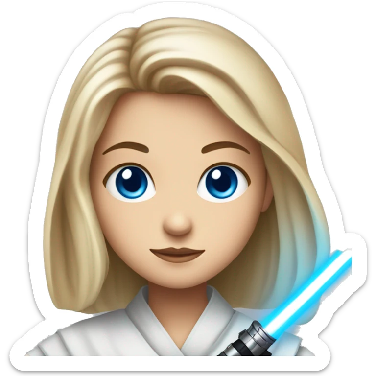 portrait of a girl with blue eyes with a jedi light saber sticker